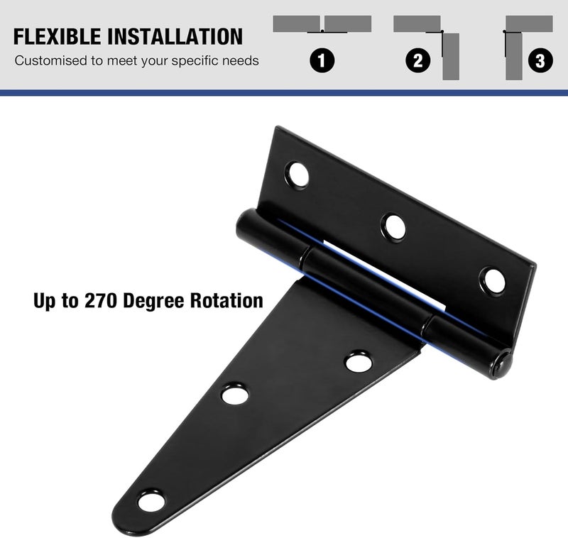 TDCHINGES 4 Pack 4 Inch T Hinge Heavy Duty Outdoor Hinges for Wood Farm Gate T Strap Hinge Gutter Small Black Double Shed Door Hinges for Barn Fence Cabinet Chicken Coop Door Hinges Dutch Door Hardware Kit - Image 4